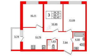 Квартира в ЖК ЦДС Новые горизонты, 3 комнатная, 57.8 м², 6 этаж