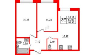 Квартира в ЖК ЦДС Новые горизонты, 2 комнатная, 55.4 м², 1 этаж