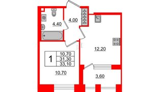 Квартира в ЖК Svetlana Park, 1 комнатная, 31.3 м², 2 этаж