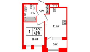 Квартира в ЖК Svetlana Park, 1 комнатная, 32.2 м², 3 этаж