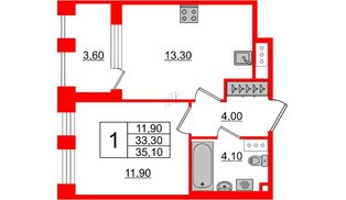 Квартира в ЖК Svetlana Park, 1 комнатная, 33.3 м², 3 этаж