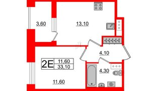 Квартира в ЖК Svetlana Park, 1 комнатная, 33.1 м², 6 этаж
