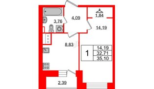 Квартира в ЖК 'Приневский', 1 комнатная, 32.71 м², 12 этаж