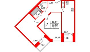 Квартира в ЖК 'Приневский', 2 комнатная, 53.52 м², 14 этаж