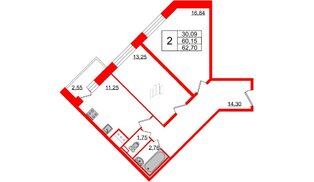 Квартира в ЖК 'Приневский', 2 комнатная, 60.15 м², 13 этаж