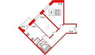 Квартира в ЖК 'Приневский', 2 комнатная, 60.12 м², 15 этаж