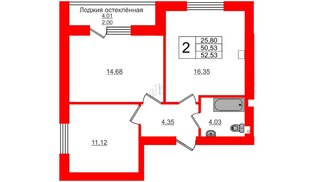 Квартира в ЖК Олимпия-3, 2 комнатная, 52.53 м², 1 этаж
