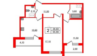 Квартира в ЖК Ultra City 2.0, 2 комнатная, 55.9 м², 20 этаж