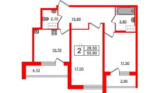 Квартира в ЖК Ultra City 2.0, 2 комнатная, 55.9 м², 22 этаж