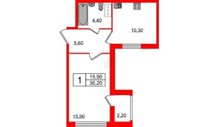 Квартира в ЖК Ultra City 2.0, 1 комнатная, 36.2 м², 24 этаж