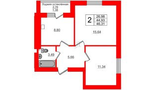 Квартира в ЖК Олимпия-3, 2 комнатная, 46.31 м², 4 этаж