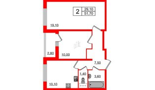 Квартира в ЖК Ultra City 2.0, 2 комнатная, 51.7 м², 14 этаж