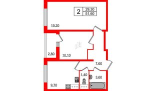 Квартира в ЖК Ultra City 2.0, 2 комнатная, 51.6 м², 21 этаж