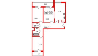 Квартира в ЖК Ultra City 2.0, 3 комнатная, 73.7 м², 24 этаж