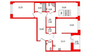 Квартира в ЖК Квартал Уютный, 3 комнатная, 87.5 м², 2 этаж