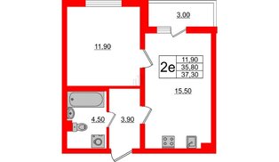 Квартира в ЖК 'Цивилизация', 1 комнатная, 37.5 м², 2 этаж