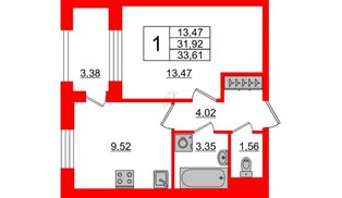 Квартира в ЖК ID Парк Победы, 1 комнатная, 33.61 м², 7 этаж