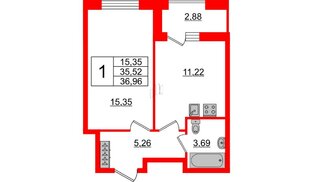 Квартира в ЖК Аквилон ZALIVE, 1 комнатная, 36.96 м², 2 этаж