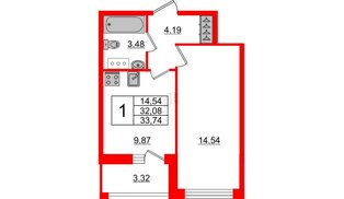 Квартира в ЖК Аквилон ZALIVE, 1 комнатная, 33.74 м², 13 этаж