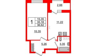 Квартира в ЖК Аквилон ZALIVE, 1 комнатная, 36.62 м², 4 этаж