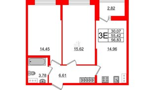 Квартира в ЖК Аквилон ZALIVE, 2 комнатная, 56.83 м², 11 этаж