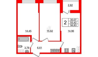 Квартира в ЖК Аквилон ZALIVE, 2 комнатная, 56.83 м², 13 этаж