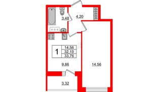 Квартира в ЖК Аквилон ZALIVE, 1 комнатная, 33.76 м², 13 этаж