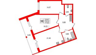 Квартира в ЖК Аквилон ZALIVE, 2 комнатная, 77.6 м², 2 этаж