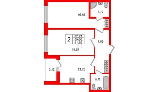 Квартира в ЖК Аквилон ZALIVE, 2 комнатная, 61.22 м², 1 этаж