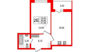 Квартира в ЖК Аквилон ZALIVE, 1 комнатная, 41.59 м², 2 этаж