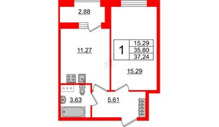 Квартира в ЖК Аквилон ZALIVE, 1 комнатная, 37.24 м², 3 этаж