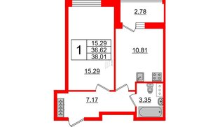 Квартира в ЖК Аквилон ZALIVE, 1 комнатная, 38.01 м², 12 этаж