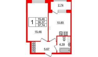Квартира в ЖК Аквилон ZALIVE, 1 комнатная, 37.74 м², 5 этаж