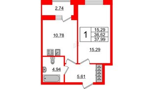 Квартира в ЖК Аквилон ZALIVE, 1 комнатная, 37.99 м², 2 этаж