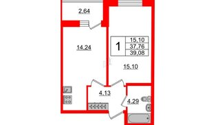 Квартира в ЖК Аквилон ZALIVE, 1 комнатная, 39.08 м², 2 этаж