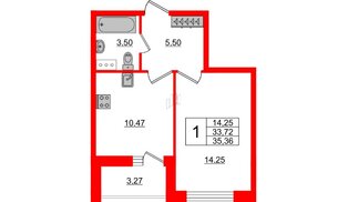 Квартира в ЖК Аквилон ZALIVE, 1 комнатная, 35.36 м², 3 этаж