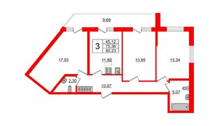 Квартира в ЖК Аквилон ZALIVE, 3 комнатная, 80.23 м², 2 этаж