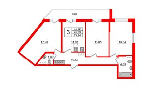 Квартира в ЖК Аквилон ZALIVE, 3 комнатная, 79.24 м², 4 этаж