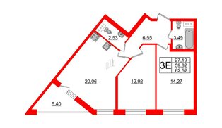 Квартира в ЖК Аквилон ZALIVE, 2 комнатная, 62.52 м², 3 этаж