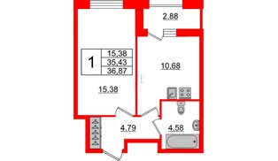 Квартира в ЖК Аквилон ZALIVE, 1 комнатная, 36.87 м², 2 этаж