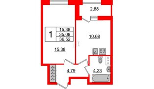 Квартира в ЖК Аквилон ZALIVE, 1 комнатная, 36.52 м², 6 этаж