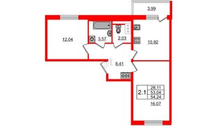 Квартира в ЖК «Чистое небо», 2 комнатная, 53.04 м², 2 этаж