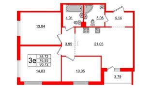 Квартира в ЖК «Черная Речка», 3 комнатная, 76.93 м², 1 этаж