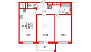 Квартира в ЖК «Чистое небо», 2 комнатная, 59.39 м², 22 этаж