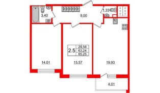 Квартира в ЖК «Чистое небо», 2 комнатная, 63.24 м², 13 этаж