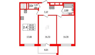 Квартира в ЖК «Чистое небо», 2 комнатная, 59.08 м², 4 этаж