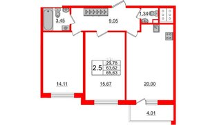 Квартира в ЖК «Чистое небо», 2 комнатная, 63.62 м², 22 этаж