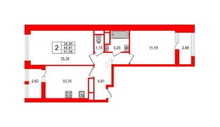Квартира в ЖК «Нью Тайм», 2 комнатная, 51.56 м², 5 этаж