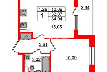 1-комн. кв. 34.04 м² 4/5 этаж