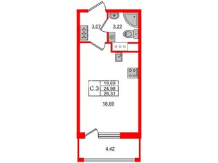 Студия 24.9 м² 15/19 этаж